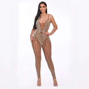 Elegant Brown Nude Rhinestone Diamond Jumpsuit with Accents